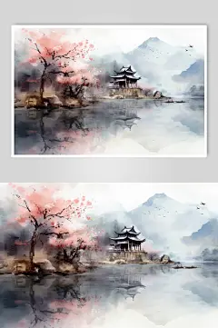 AI数字艺术水墨风徽派建筑江南水乡插画-众图网