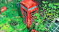 General 5000x2813 digital art phone box plants lawns trash broken glass flowers barrels leaves wheels rust high angle red telephone box green facade tires window backyard shattered reflection text Pixiv