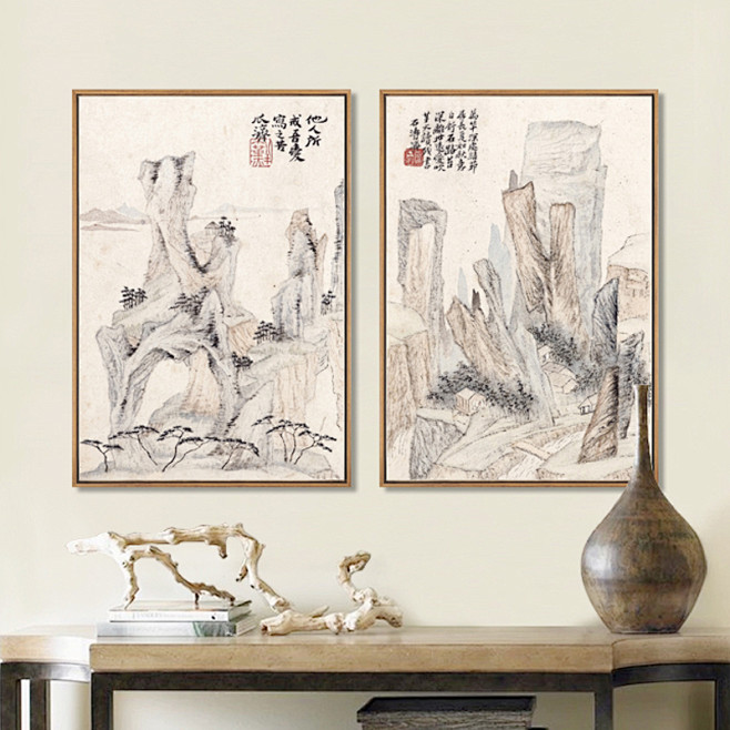现代新中式古韵国画山水客厅沙发背景墙书房...