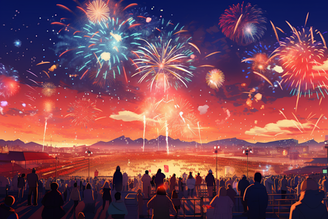 黑夜绚丽新年元旦烟花盛典人群插画