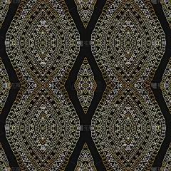 波西米亚抽象向量无缝几何图案从金色和黑色手绘菱形，爱斯基摩饰品，花边波浪条纹。纺织幻想打印。包装纸。