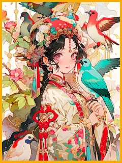 Mi家花鸟|国潮&amp;国风插画|古风女孩