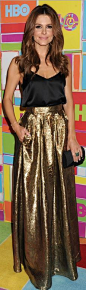 Maria Menouno, gold maxi skirt and black tank top