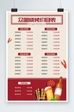 卡通插画烧烤店菜单价目表海报