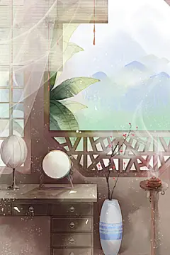 古风山水建筑凉亭荷花风景点插画海报背景