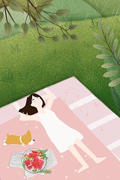 手绘夏游记女孩与狗插画唯美夏天海报