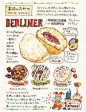 a drawing of different types of food in japanese characters, including breads and pastries