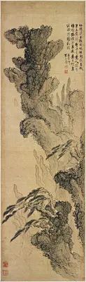 《黄山图》轴，清，梅清绘，绫本，设色，纵186.8cm，横57cm。
　　本幅自题：“仙根谁手种，大地此开花？直饮半天露，齐擎五色霞。人从香国转，路借玉房遮。莲子何年结？沧溟待泛槎。莲花峰。瞿山清。”钤“旧梦忆秦淮”、“渊公”朱文印，“后之视今今之视昔”白文印，“敬亭山下双溪之上” 朱文印。钤鉴藏印“颐椿庐逋理藏”白文印。
　　此图绘黄山的莲花峰。作者以超绝的想象力，运用夸张的手法将莲花峰描绘成秀出天半的青莲，它巍峨不失俏丽，高贵而典雅。山岩的石面以浓淡墨交织的线条混皴，纹理繁密，气象峥嵘，与石上灵动的苔