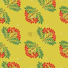 无缝的彩色秋季图案与月花和绿色的叶子在黄色的背景。