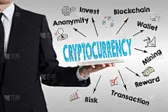 cryptocurrency概念。图表与关键字和图标。手持平板电脑的男子