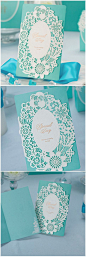 classic elegant Tiffany blue laser cut lace wedding invitations: 