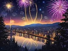 城市夜空的新年绚烂烟花唯美插画