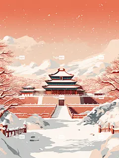 冬天的故宫，东方建筑，白雪和深红色的墙壁相互映衬海报