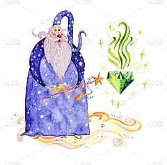 艺术水彩手绘魔术插图与星星，巫师与魔术棒魔术钻石孤立在白色背景。童话魔术师。儿童插图。