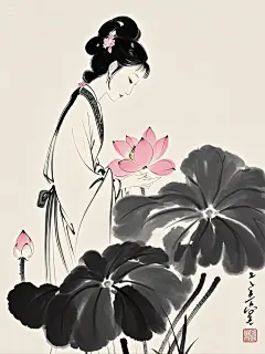 极简水墨线条 林黛玉与芙蓉花 - 小红书