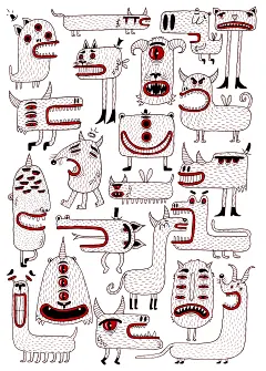 Look Around : 3 different illustrations and patterns with my crazy monsters.Rotring, Promarker on A4 paper.Personnal project.