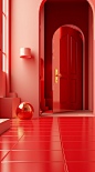 A red door with golden gifts and boxes is behind it, in the style of postmodern surrealism, interior scenes, ambient occlusion, light red, light-filled scenes, modernist inspiration, smooth surface