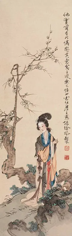 《仕女图》系列四：徐操《仕女图》绘画艺术欣赏_先生 : 自古以来，文人墨客用花来形容女人的容颜，如花似玉、人面桃花、闭月羞花、国色天香、玉貌花容、花颜月貌等等，美人与花为创作主题的人物画也层出不穷，如唐代周昉《簪花仕女图》，明代仇英的《四季仕女图》、唐伯虎《牡丹仕…