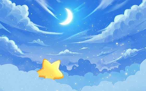 梦幻动漫蓝色夜晚天空云朵唯美清新插画背景-花瓣网