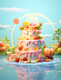 happy birthday cake in the water with rainbows, in the style of photorealistic landscapes, charming character illustrations, uhd image, light orange and light green, hallyu, nostalgic rural life depictions, elaborate fruit arrangements