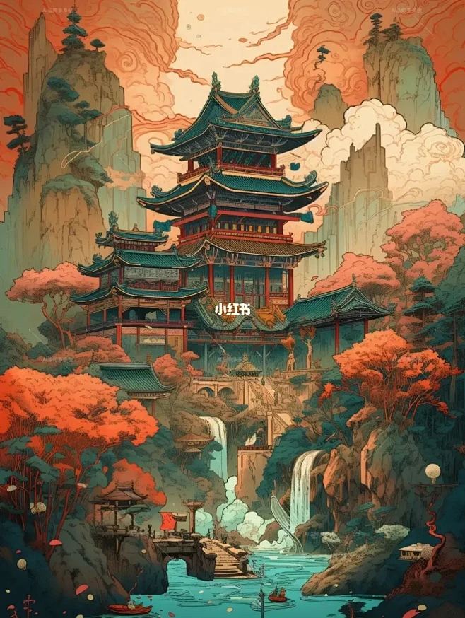 古风国潮山水建筑插画2|Ai绘画关键词-花瓣网