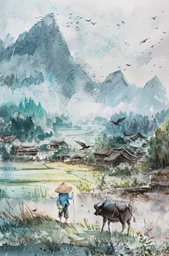 AI数字艺术清明节中国风牧童插画