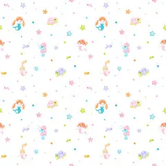 点击来源直接获取大图文件 |矢量卡通海底生物和红发美人鱼。婴儿房壁纸无缝重复瓷砖图案。