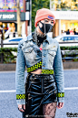 #原宿街拍# Harajuku Street Style w/ Black Mask, Silver Chains, Beanie, Man G Denim Jacket, Faux Leather Skirt, Pinnap, VidaKush & Dolls Kill Dollar Bill Boots O网页链接 ​​​​