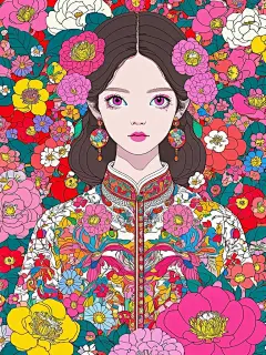 矢量插图、极繁主义、迷幻风格、潮流、女孩，山茶花、装饰风格，漂亮，中国传统文化 (9)