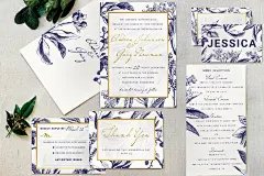 金色&amp;海军蓝手绘图案插画婚礼邀请函设计模板 Gold &amp; Navy Wedding Invitation Suite - 设汇