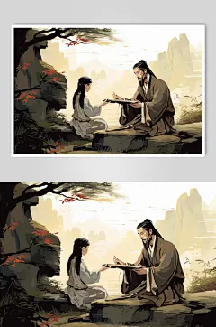 AI数字中国风水墨古风老师学生教育插画