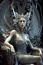 wide shot, beautiful young fae queen on her throne, delicate, detailed, elaborate silver filigree, photo realistic, hd, soft light