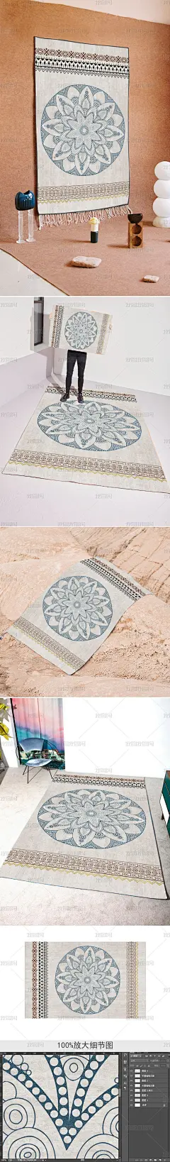 现代简约抽象几何圆形手绘花纹摩洛哥风格地毯