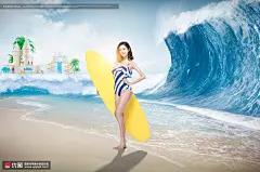 冲浪美女 海滨浴场 出行旅游 旅游主题海报设计PSD广告海报素材下载-优图-UPPSD