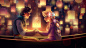 girl, flowers, night, art, Rapunzel, guy, two, lanterns, Rapunzel, Flynn Rider, kelogsloops