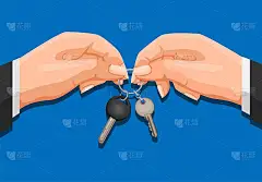 手给钥匙。汽车租赁或房地产营销企业符号概念以卡通插画为载体