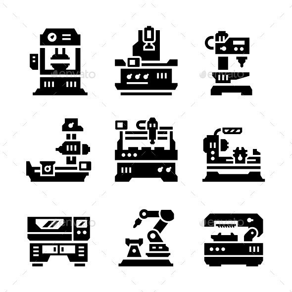 机床——人造物体对象的设置图标Set Icons of Machine Tool - Man-made objects Objects自动化 ...