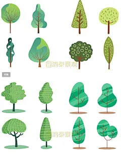 小清新插画风PNG免扣矢量图景观建筑效果图psd植物配景树PS素材-淘宝网
