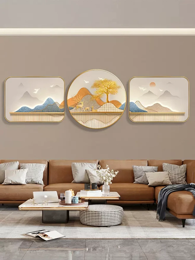 现代轻奢客厅装饰画金山福鹿沙发背景墙壁画新中式高档大气三联画-tmall.com天猫-花瓣网