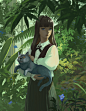 抱猫少女与植物