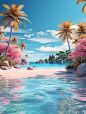 the scene depicts a sandy beach with palm trees and a palm tree, in the style of luminous 3d objects, realistic color palette, caricature-like illustrations, poolcore, birds-eye-view, lush landscape backgrounds, sky-blue and pink