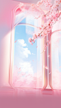 the ceiling of a pink room, in the style of romantic illustration, cherry blossoms, windows vista, transparent/translucent medium