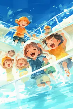 泳池晴空游泳学生插画图片