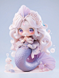 Cute cartoon mermaid princess IP by pop mart, wearing a fringed details of purple shell shaped top, the lower body is a beautiful tail, the tail gradually changes from blue to white, the tail is decorated with delicate pearls, the head has two transparent
