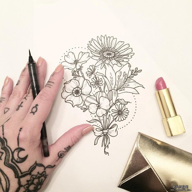 欧美小清新菊花纹身图案手稿