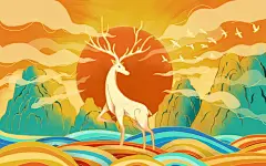 原创国潮风鹿插画山水风景元素素材