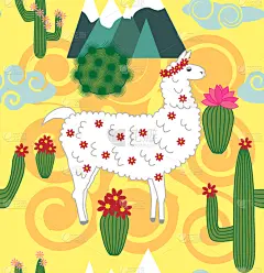 可爱的,羊驼,美洲驼羊,四方连续纹样,卡通,华丽的,传统,纺织品,野生动物,壁纸