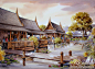 泰国清迈艺术家 Thanakorn Chaijinda 的水彩风景作品，色彩明亮丰富又不艳俗，笔触细腻温和又不失大气，仿佛能感觉到一束温暖的阳光照进人的心里，画面极具感染力。