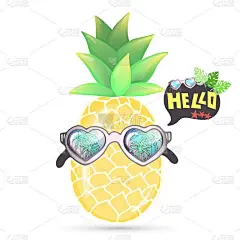 戴着墨镜的菠萝手绘涂鸦。带有棕榈叶的语音泡泡，带有热带棕榈树反光的太阳镜，海星。刻字你好。假期彩色矢