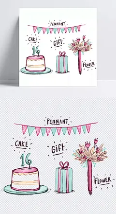 矢量图生日快乐|16周岁,生日快乐,彩旗,节日礼盒,生日礼物,卡通元素,手绘/卡通